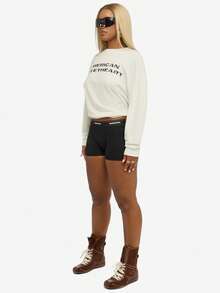 SUMWON WOMEN 女士高腰平角内裤，带logo饰带，弹性腰带，棉混纺弹力面料，家居服睡衣，贴身内衣，圣诞礼物 - 黑色 - 查看 3