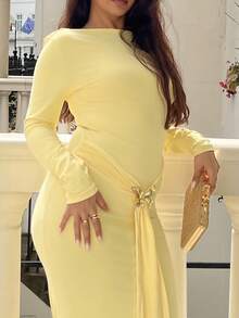 NegzBox 女士优雅露肩金属蝴蝶结装饰长裙 - 黃色 - 查看 3