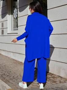 RueChic 女士實色長款毛衣和針織長褲兩件套 - 藍色 - 查看 2