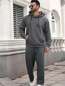 Manfinity CasualCool Conjunto casual de moletom com capuz e manga comprida masculino plus size, com bolsos e cordão na cintura, roupas de outono - Cinza - Ver 3