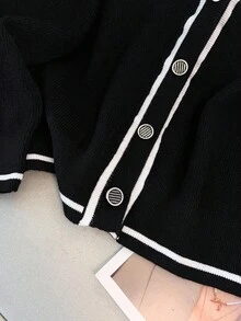 Regalyn Cardigan tricoté à manches longues, col en V, polyvalent et décontracté, avec boutons et bordure contrastée, taille grande