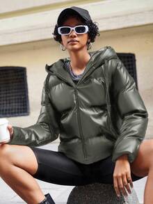 SHEIN Cottnline Zip Up Drawstring Hooded PU Leather Puffer Coat - Green - View 5