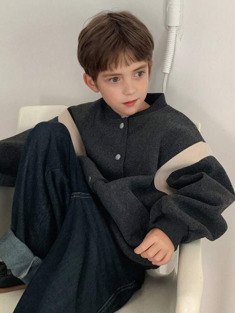 Tween Boys' Casual Loose Fit Contrast Color Block Jacket, Street Style For Autumn