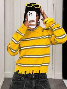 BamGleam Suéteres de mujer, de manga larga tejidos, con rayas amarillas, sensación de desgarro multicolor gris, estilos regulares, casuales, para viajes, vacaciones y fiestas, ropa de mujer, estilos de primavera y otoño, estilos de invierno y verano