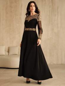 Anewsta 女士复古时尚假日套装，串珠亮片刺绣优雅派对连衣裙，适合秋季、冬季、新年、派对、婚礼等场合。 - 黑色 - 查看 3