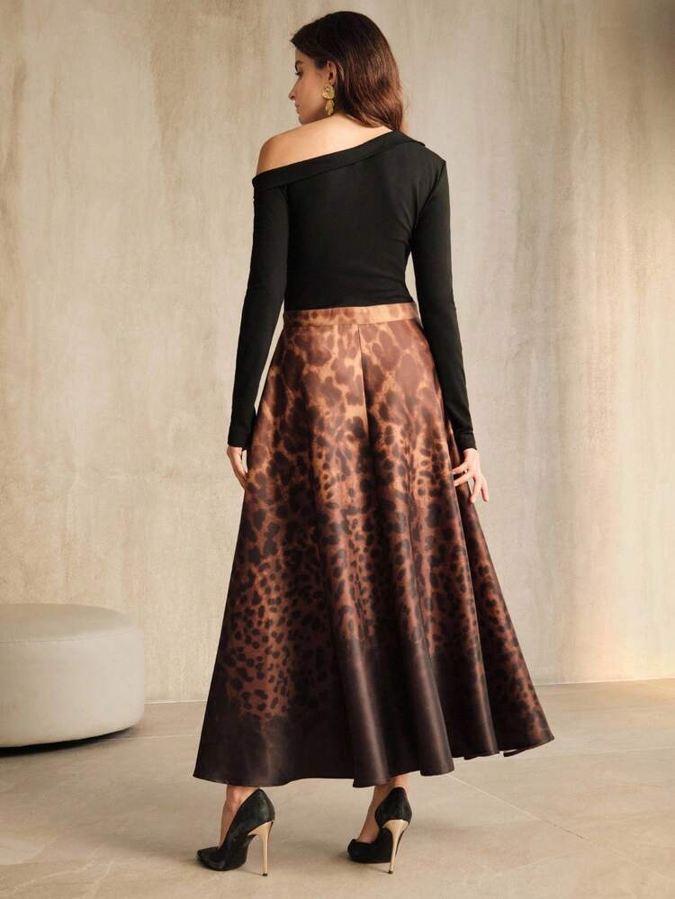 Vintage Asymmetrical Shoulder Long Sleeve Knit Patchwork Ombre Leopard Print A-Line Dress For Women, Suitable For Fall, Winter, New Year, Party, Wedding, Elegant, Chic, Stylish, Evening Dress