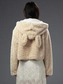 Bloopia 复古甜美可爱毛绒兔耳宽松女款秋冬万圣节新款羊羔绒短款连帽衫 - 卡其色 - 查看 2