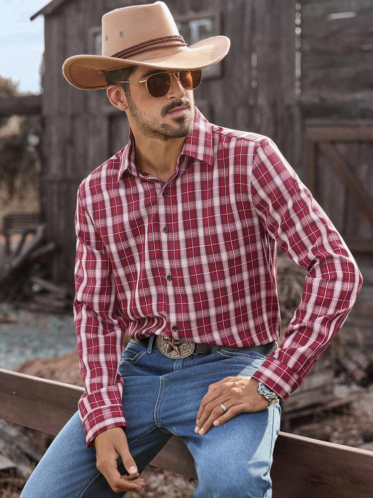 Manfinity Homme Casual Loose Plaid Long Sleeve Western Shirt For Men, Streetwear Western Shirts Men Rodeo Shirts, Fall, Christmas - Red - View 4