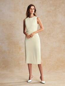 House of One Pleats Solid Woven Midi Dress With Metal Buckle Women Summer Autumn Elegant Casual Dress