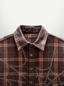 NEON BLANC Men's Street Fashion Woven Rhinestone Spider Web Plaid Short Sleeve Shirt - Brown - View 4