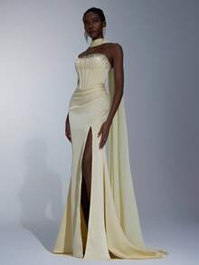 Elitara 优雅浅黄色露肩串珠美人鱼下摆侧开衩连衣裙（可拆卸吊带荷叶边），适合约会、单身派对、婚礼、正式活动、晚会礼服 - 淡黃色 - 查看 8