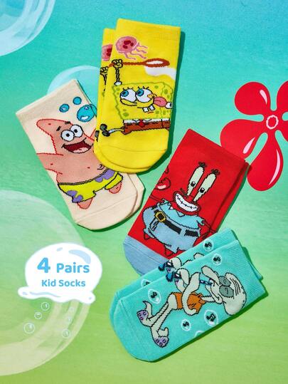 SpongeBob SquarePants | SHEIN 4 双棉质柔软透气吸湿排汗儿童短袜，彩色可爱卡通图案踝袜，加固脚趾和脚跟，经久耐用，男女通用，适合所有季节，百搭，适合学校和户外，夏季冬季，帕特里克、章鱼哥、蟹老板