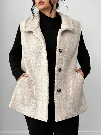 Elenzga 秋冬大码休闲无袖保暖口袋纽扣大衣
