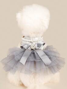 PETSIN 1pc Cat And Dog Universal Pet Dress Princess Style, With Pearl Necklace Gray Fluffy Gauze Skirt, Spring And Autumn Dog Clothes - Grey - View 1