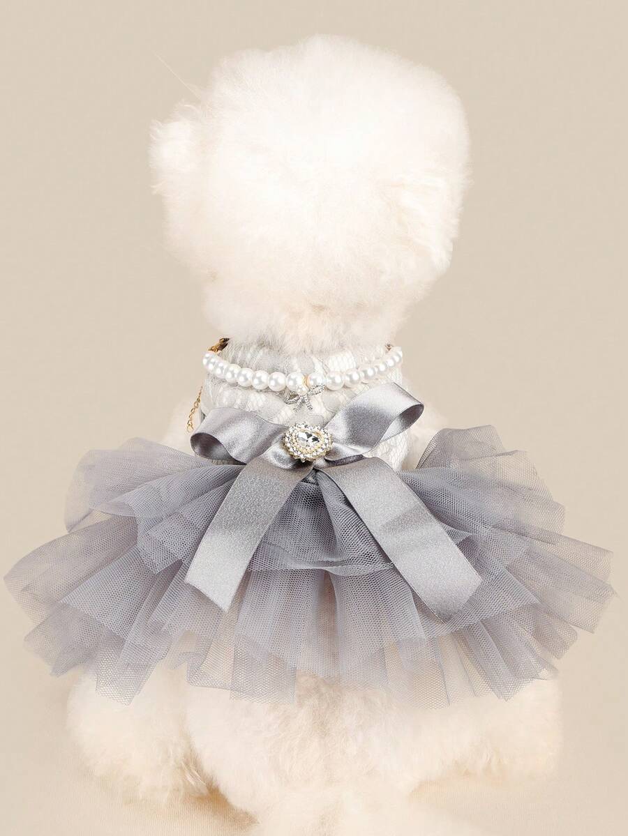 PETSIN 1pc Cat And Dog Universal Pet Dress Princess Style, With Pearl Necklace Gray Fluffy Gauze Skirt, Spring And Autumn Dog Clothes - Grey - View 1
