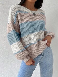 EMERY ROSE Women's Casual Loose Fit Contrast Color Round Neck Drop Shoulder Long Sleeve Sweater, Autumn - Multicolor - View 7