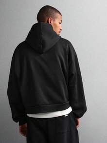 SUMWON Crop Fit Social Club Fleece Pullover Hoodie With Centre Pocket Varsity Design Logo Front Print Classic Hip Hop Streetwear Style Casual - Black - View 2