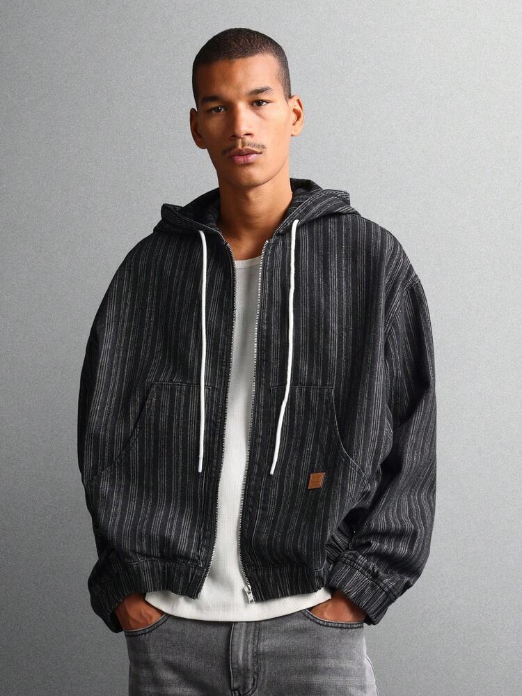 Striped Denim Zip Up Hoodie Jacket With Drawstrings
