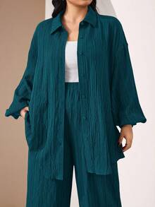 Veilorie 2pcs Plus Size Casual Solid Color Textured Long Sleeve Shirt And Pants Set, Autumn 2 Pieces Set - Teal Blue - View 6