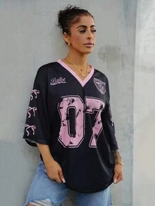 SAYEHFBABY 07 针织蝴蝶结衬衫休闲字母数字图案T恤女款，适合夏季 - 彩色 - 查看 6