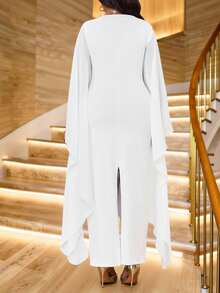 SHEIN Lady 大码女式纯色方领喇叭袖修身优雅连衣裙