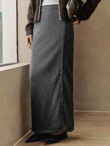 Dazy-Less 女士宽松休闲优雅直筒半身裙，秋冬商务休闲女装 - 灰色 - 查看 4
