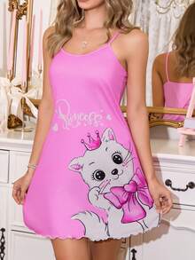 Cute INS Style Cat & Bow Print Camisole Nightgown For Women Pink Nightgown Cat Nightgown Princess Nightgown Short Nightgown Cute Nightgown Sleep Dress Moomoo Nightgown - Multicolor - View 1