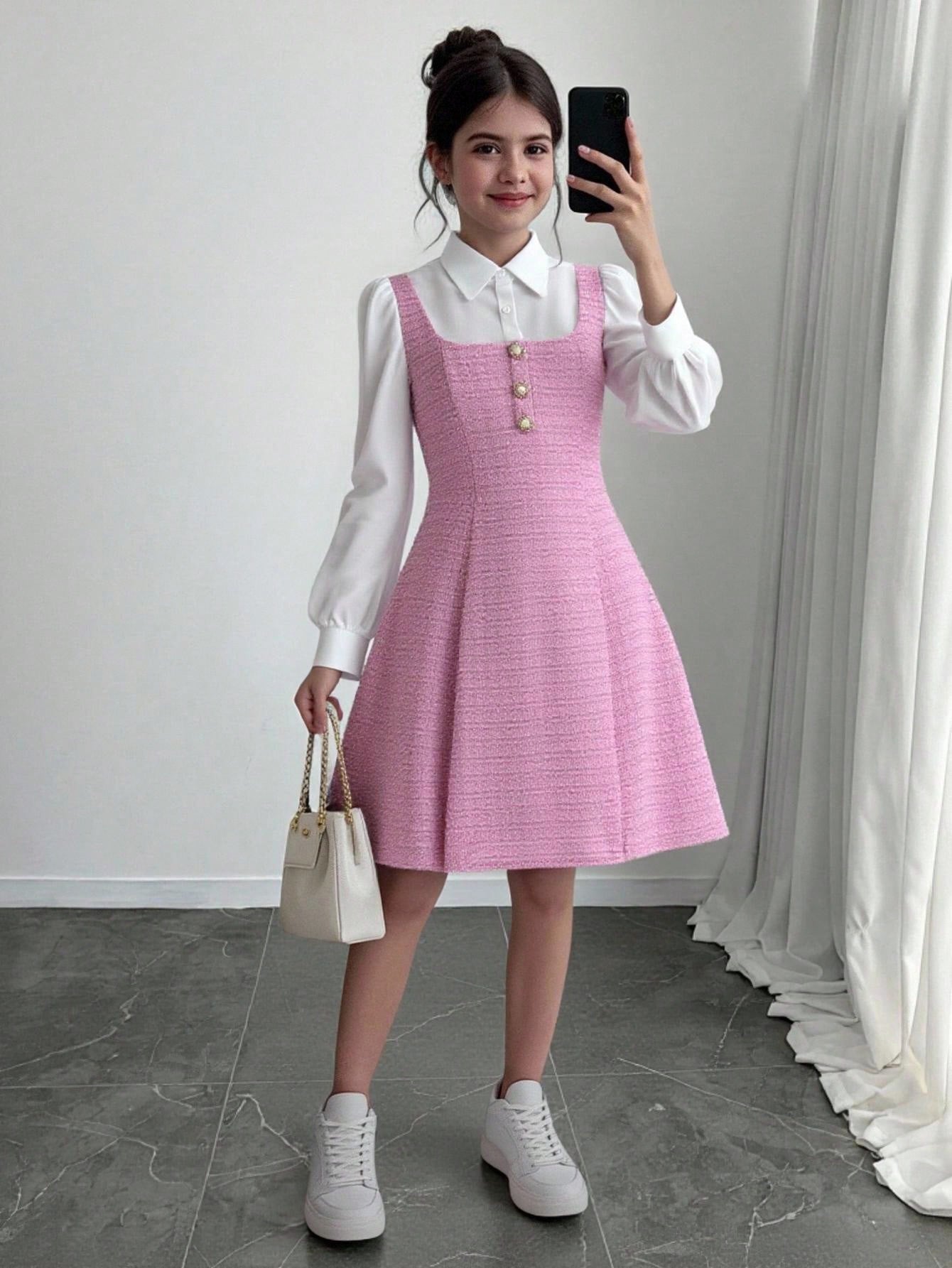 فستان بياقة وأكمام طويلة مريح وبسيط للفتيات المراه...