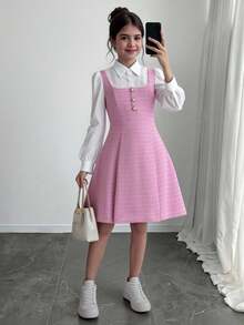 Vestido casual minimalista e confortável para meninas adolescentes, gola longa, manga comprida, 2 em 1, cintura marcada