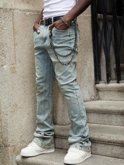 ROMWE MEN Street Life Casual Street Style Pocketed Button Fly Layered Flare Leg Men's Jeans