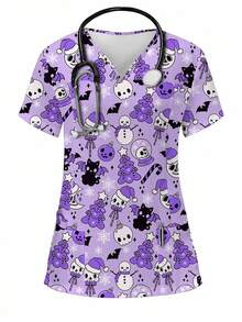 PopScrub 女士 V 领短袖全印花制服磨砂上衣 - 紫色 - 查看 1