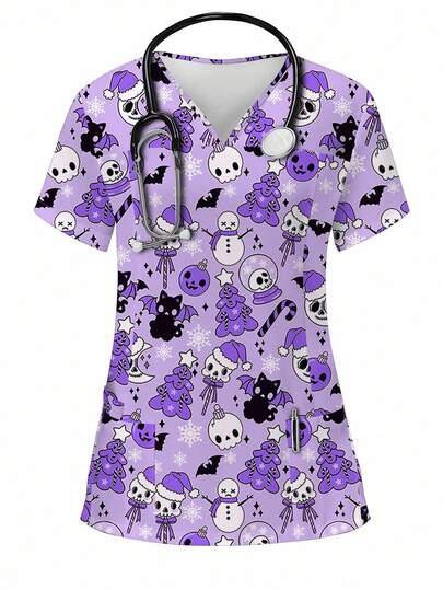 PopScrub 女士 V 领短袖全印花制服磨砂上衣