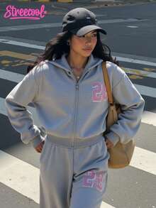 SHEIN Explorewe 三件套少女纯色保暖连帽拉链衫、吊带背心和阔腿裤休闲套装，适合日常穿着、通勤和上学，秋冬季街头风。 - 灰色 - 查看 1