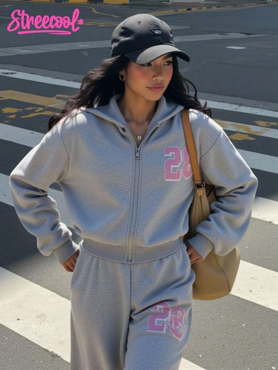 SHEIN Explorewe 三件套少女纯色保暖连帽拉链衫、吊带背心和阔腿裤休闲套装，适合日常穿着、通勤和上学，秋冬季街头风。 - 灰色 - 查看 1