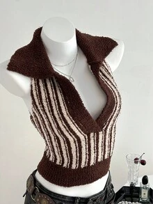 Flirla Pull tricoté à col contrasté décontracté pour femmes, automne/hiver - Multicolore - Voir 6