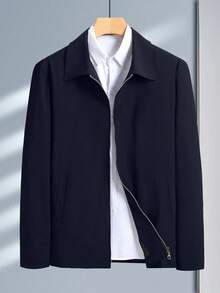 Manfinity Homme 男士纯色拉链休闲长袖外套，秋季款 - 藏蓝色 - 查看 3