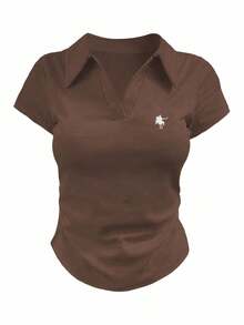 INAWLY 女款骑士印花翻领短袖褶皱休闲T恤 - 黑色 - 查看 5