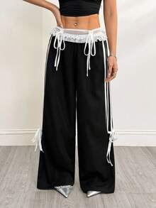 SHEIN PETITE 女式夏季黑色上学可爱 Y2K 派对蕾丝蝴蝶结中腰直筒黑色裤子 - 黑色 - 查看 7