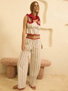 Aralina Damen gestreifter Taillenbindung Rüschen Saum Top und Hose Pyjama Set