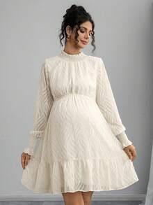 Momance Maternity Solid Color Stand Collar Long Sleeve Elegant Waist Cinched Dress Fall - Apricot - View 3