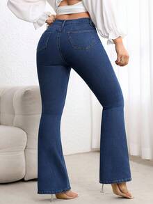 Flexra Quần jean ống loe cạp cao ôm vừa vặn cỡ lớn màu xanh đậm giặt máy - Rửa tối - Xem 2