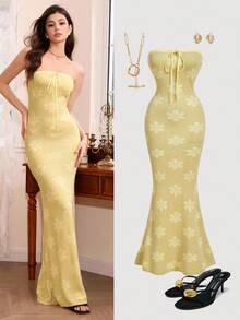 SHEIN MOD 女士时尚优雅浪漫抹胸修身毛衣裙 - 黃色 - 查看 3