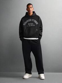 SUMWON Crop Fit Social Club Fleece Pullover Hoodie With Centre Pocket Varsity Design Logo Front Print Classic Hip Hop Streetwear Style Casual - Black - View 5