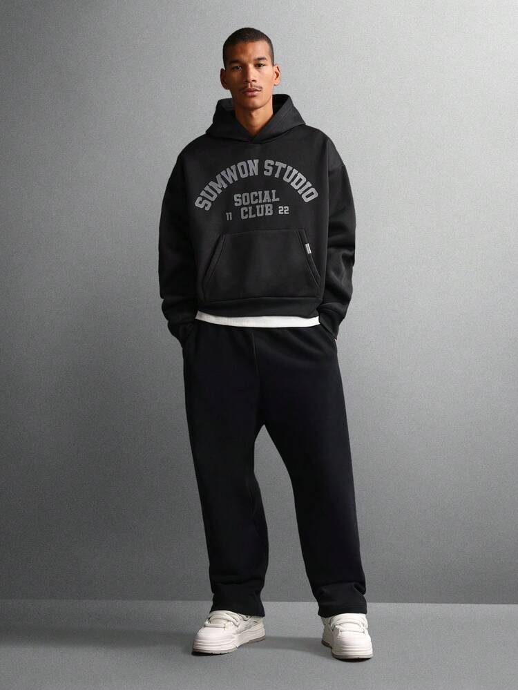 Classic Pullover Hoodie With Centre Pocket And Varsity Print