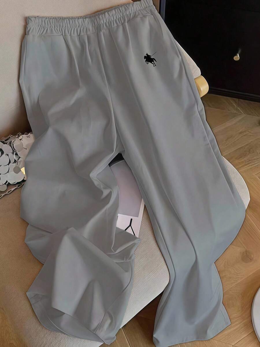 SHEIN EZwear 灰色小马印花休闲裤,适合夏季、度假 - 淺灰色 - 查看 1