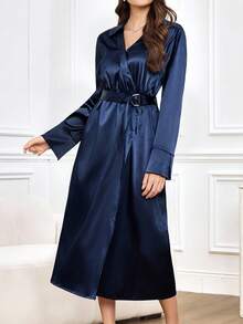 Miaspire Elegant Women's Navy Blue Satin Dress,Autumn Lapel Wrap Wedding Guest Dress With Metal Buckle Belt,High-End Chic Shiny Fabric Party Dining Dress - Navy Blue - View 2