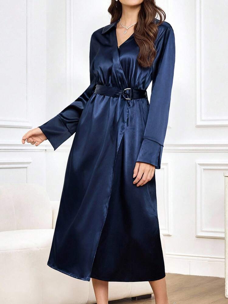 Elegant Women's Fall And Winter Dress, Satin Shiny Fabric Dress, High-End Version Design, Suitable For Going Out Party Occasions, Metal Buckle Belt, Lapel Design Wrap Dress, Fall Wedding Guest Dress, Women's Wedding Guest Dress, Dress For Wedding,Chic Dress,Party Dress