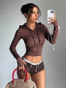 Slayform 1 件女式豹纹连帽拉链夹克，适合跑步、户外运动、健身 - 咖啡棕 - 查看 5