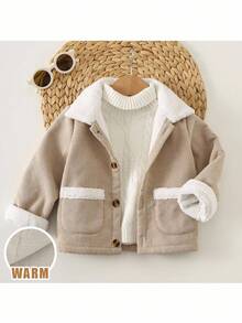 Loomiva Baby Boy/Girl Thermal Lined Turndown Collar Long Sleeve Pocket Contrast Trim Open Front Cardigan, Fashionable Casual Versatile,In Fall/Winter - Khaki - View 7