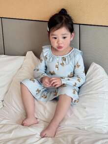 Dazy Kids Baby Girl All-Over Print Ruffle Hem Casual Loungewear, Suitable For Spring/Summer, Toddler Fall Clothes - Blue - View 2